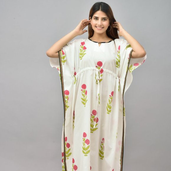 Hand Block Printed Cotton Kaftan Plus Size Tunic Floral Long Caftan - Picture 4 of 6